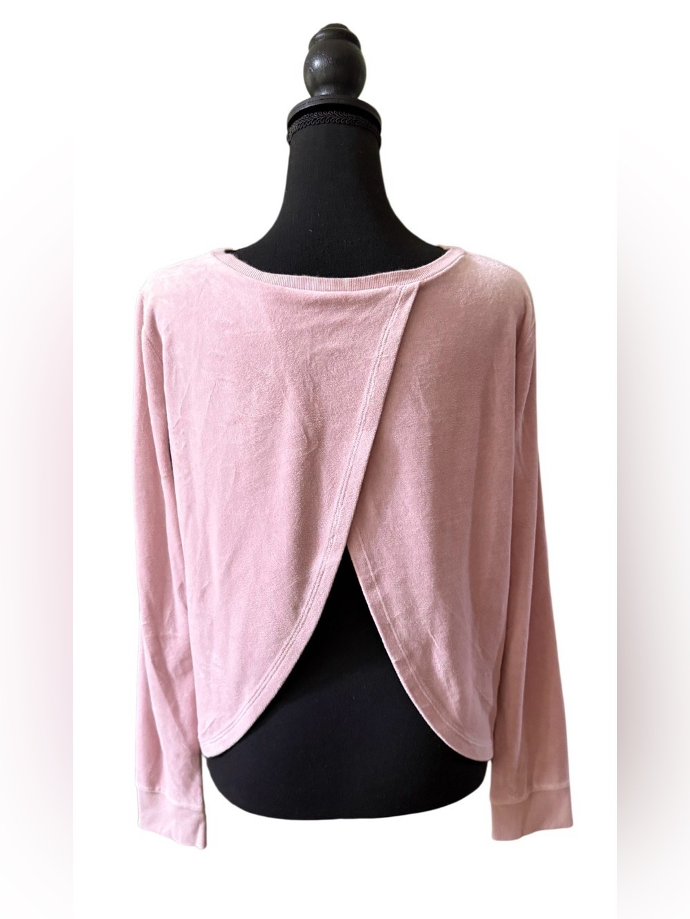 Women's Light Pink Long-Sleeve Crewneck Fuzzy Sweater with Cross Open Back